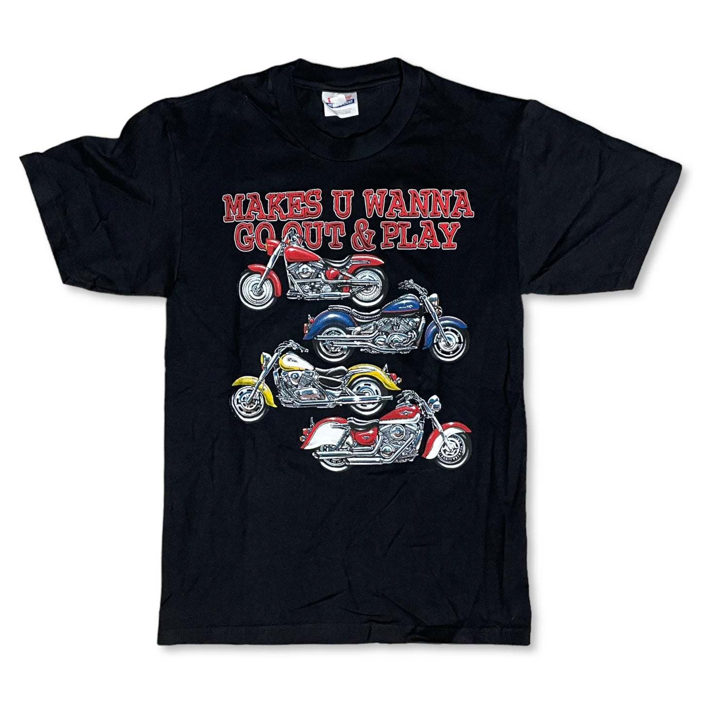 VINTAGE MAKES U WANNA GO OUT & PLAY MOTORCYCLE T SHIRT - S