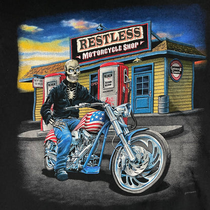 VINTAGE RESTLESS MOTORCYCLE SKELETON T SHIRT - L