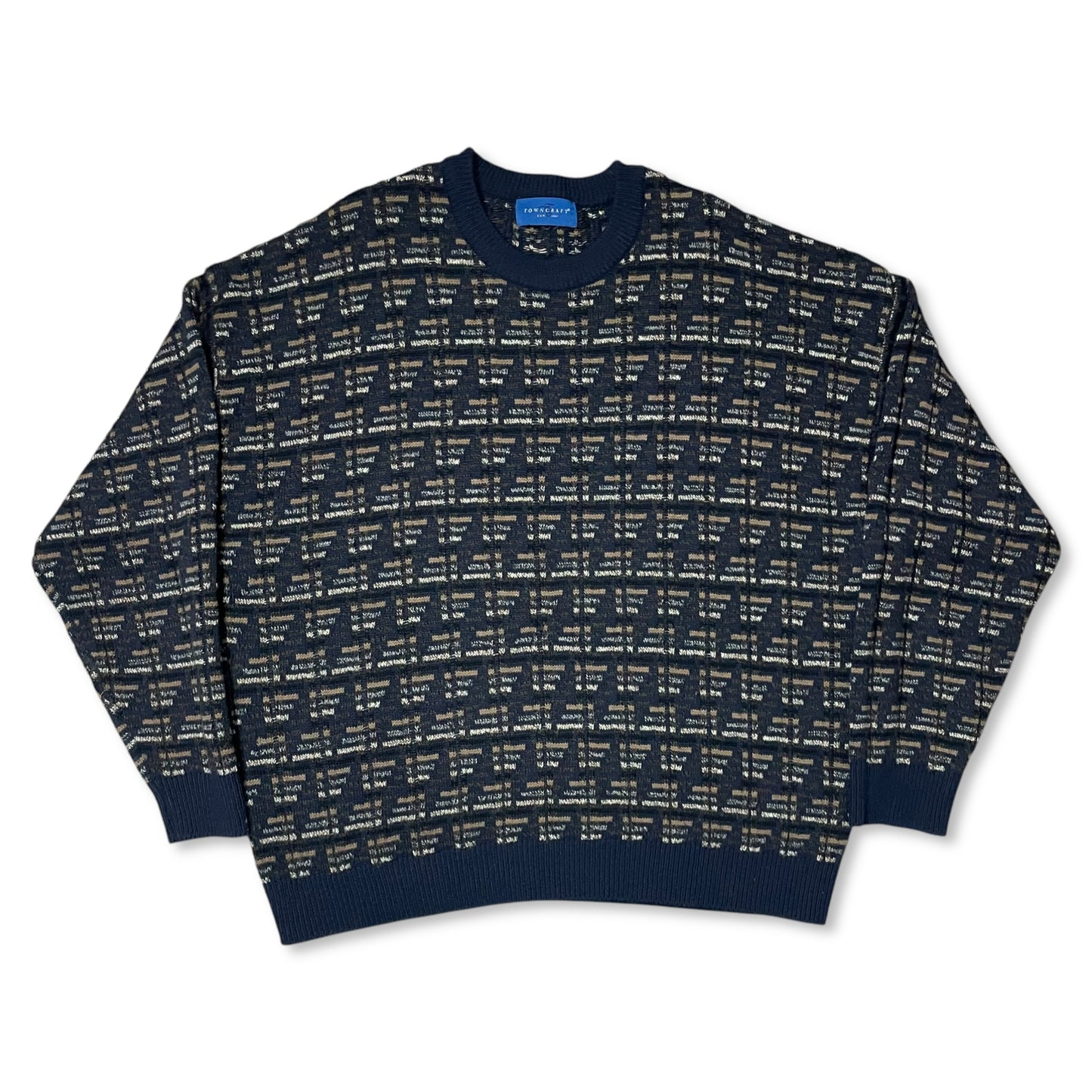 VINTAGE NAVY AND CREAM GRANDPA SWEATER - XXL